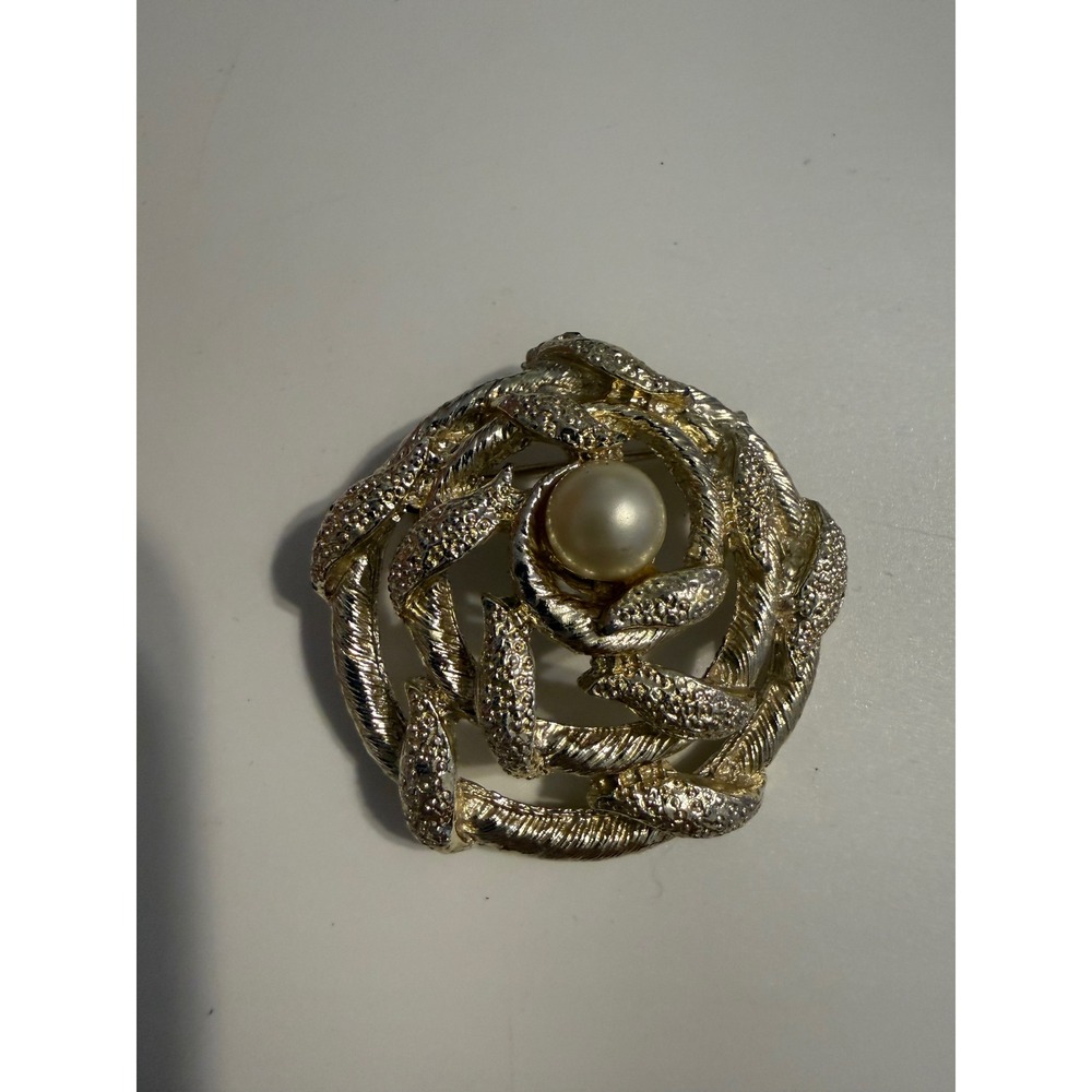Vintage Gold Tone Textured Rose Brooch with Faux Pearl Center Swirl Pin